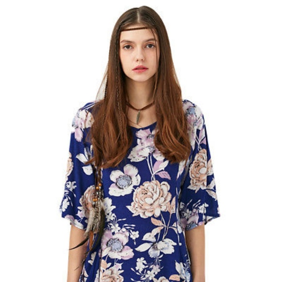 Blue Pastel Floral Dress With 3/4 Sleeves Pockets - Picture 3 of 7